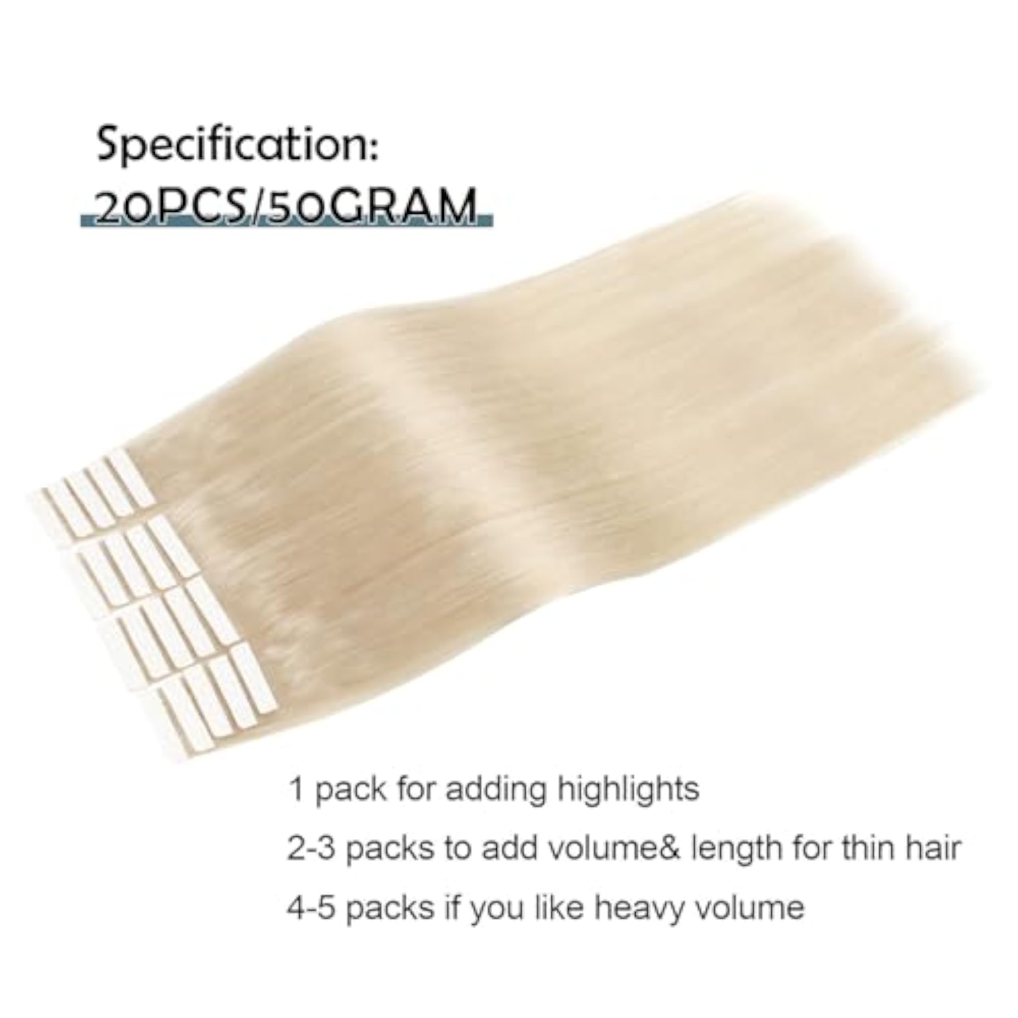 Platinum Ash Blonde Tape-In Human Hair Extensions, 20 Pcs